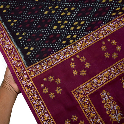 Indian Vintage Sari Black & Maroon Hand woven Sambalpuri Ikat Saree Pure Silk Craft Fabric 5Yd Ethnic Chackra Border Zari Dress making