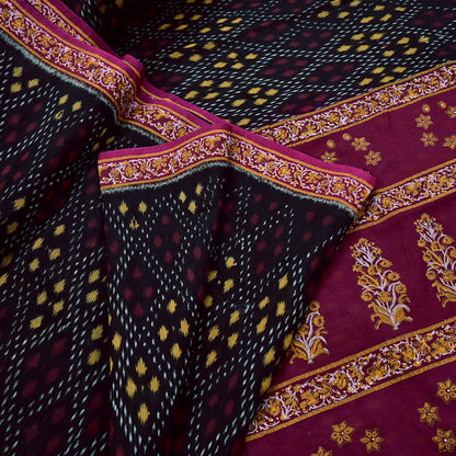 Indian Vintage Sari Black & Maroon Hand woven Sambalpuri Ikat Saree Pure Silk Craft Fabric 5Yd Ethnic Chackra Border Zari Dress making