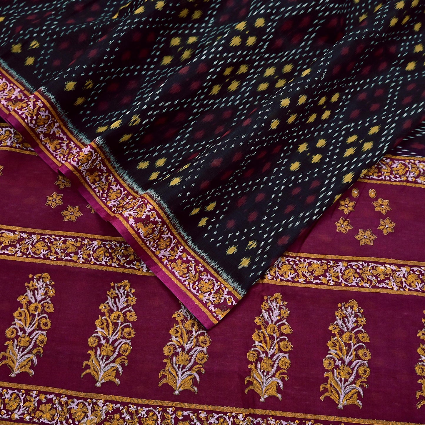 Indian Vintage Sari Black & Maroon Hand woven Sambalpuri Ikat Saree Pure Silk Craft Fabric 5Yd Ethnic Chackra Border Zari Dress making