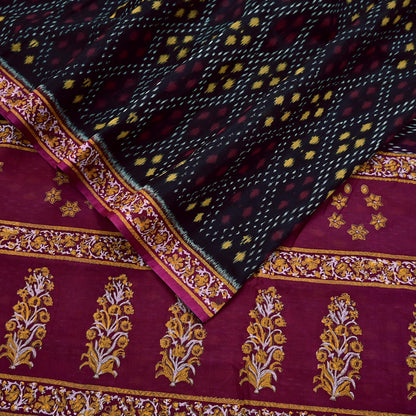 Indian Vintage Sari Black & Maroon Hand woven Sambalpuri Ikat Saree Pure Silk Craft Fabric 5Yd Ethnic Chackra Border Zari Dress making