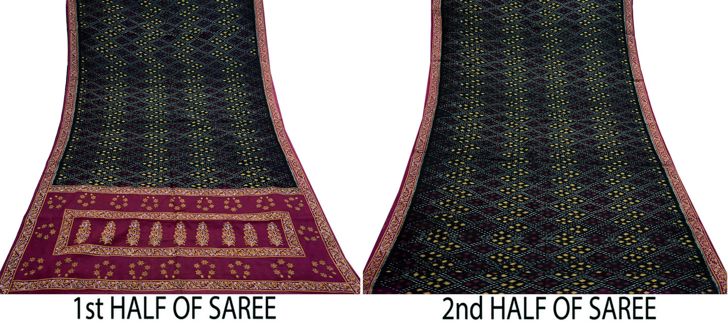 Indian Vintage Sari Black & Maroon Hand woven Sambalpuri Ikat Saree Pure Silk Craft Fabric 5Yd Ethnic Chackra Border Zari Dress making