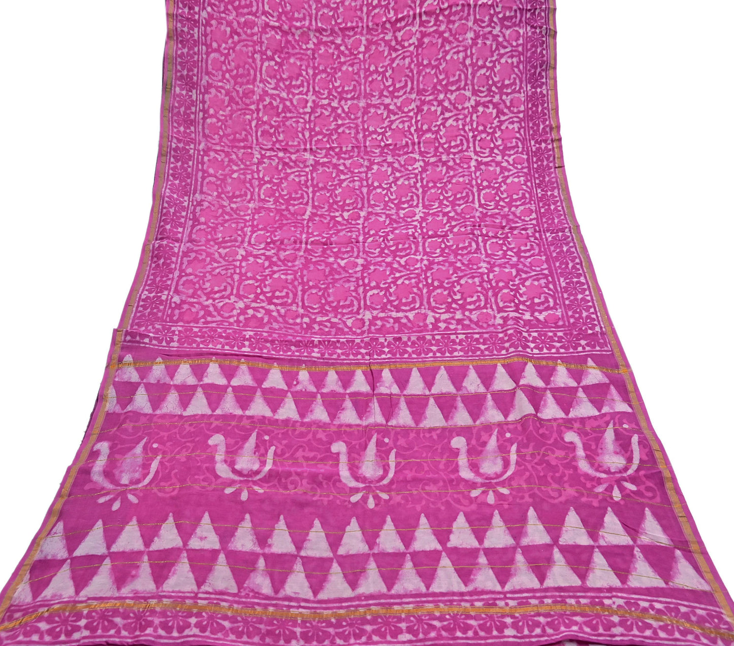 Indian Vintage Sari pink & White Pure chanderi Silk tie-dye Printed Saree 5Yd Fabric Soft Zari Border Ethnic Upcycle Crafting Dress making