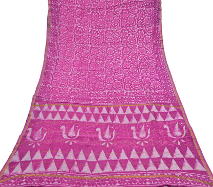 Indian Vintage Sari pink & White Pure chanderi Silk tie-dye Printed Saree 5Yd Fabric Soft Zari Border Ethnic Upcycle Crafting Dress making