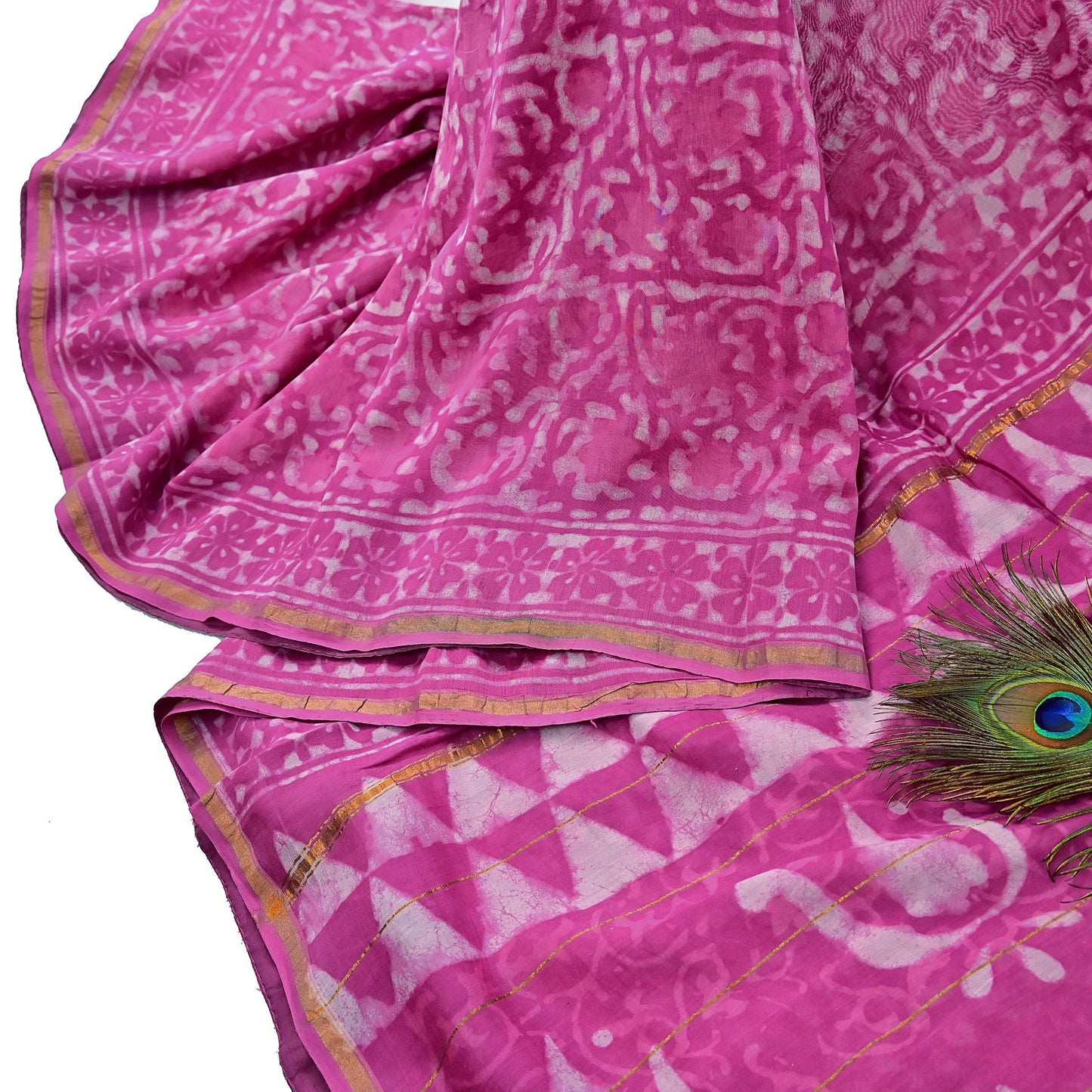 Indian Vintage Sari pink & White Pure chanderi Silk tie-dye Printed Saree 5Yd Fabric Soft Zari Border Ethnic Upcycle Crafting Dress making