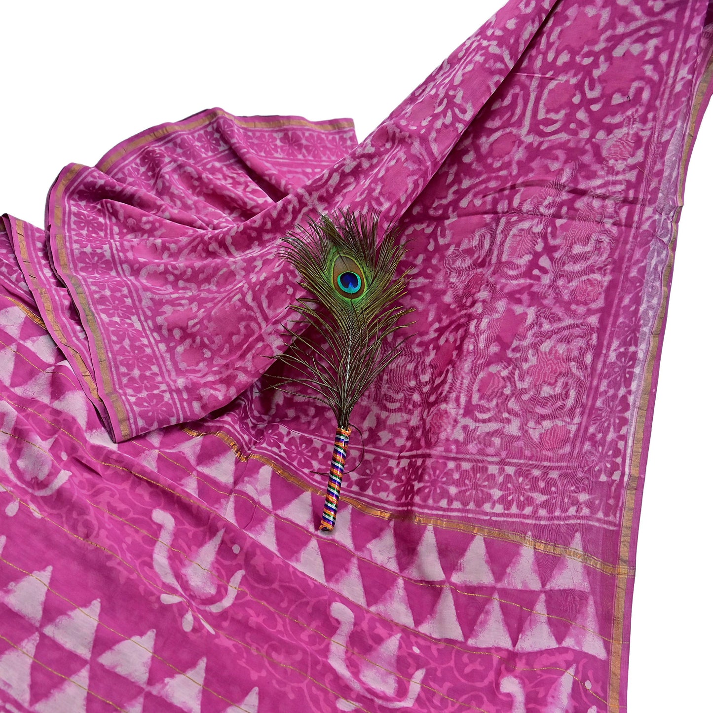 Indian Vintage Sari pink & White Pure chanderi Silk tie-dye Printed Saree 5Yd Fabric Soft Zari Border Ethnic Upcycle Crafting Dress making