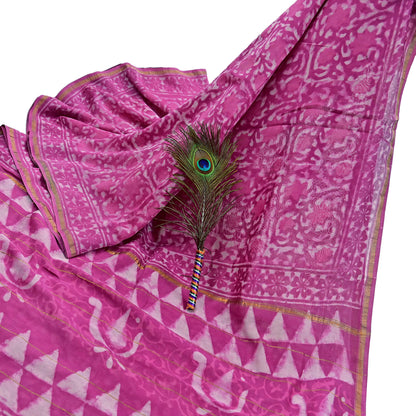 Indian Vintage Sari pink & White Pure chanderi Silk tie-dye Printed Saree 5Yd Fabric Soft Zari Border Ethnic Upcycle Crafting Dress making