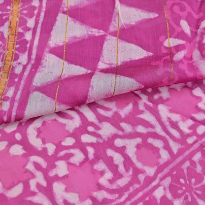 Indian Vintage Sari pink & White Pure chanderi Silk tie-dye Printed Saree 5Yd Fabric Soft Zari Border Ethnic Upcycle Crafting Dress making