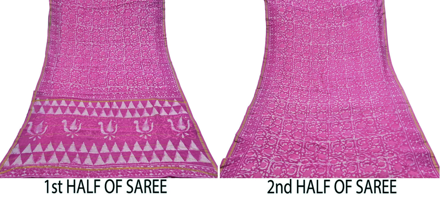 Indian Vintage Sari pink & White Pure chanderi Silk tie-dye Printed Saree 5Yd Fabric Soft Zari Border Ethnic Upcycle Crafting Dress making
