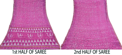 Indian Vintage Sari pink & White Pure chanderi Silk tie-dye Printed Saree 5Yd Fabric Soft Zari Border Ethnic Upcycle Crafting Dress making