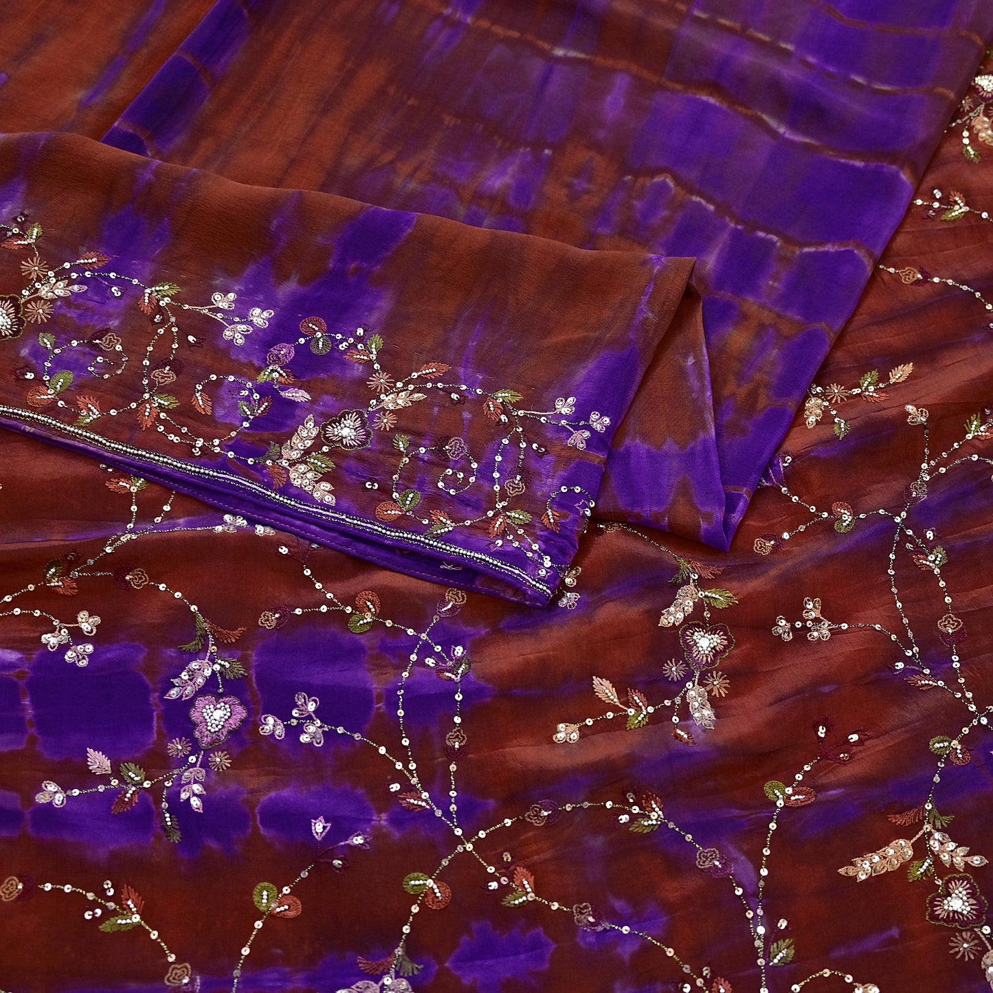 Indian Vintage Rusty & Purple Saree Pure Crepe Silk Hand Embroidered Tie-Dye Sari Fabric 5yard Craft Ethnic Zardozi