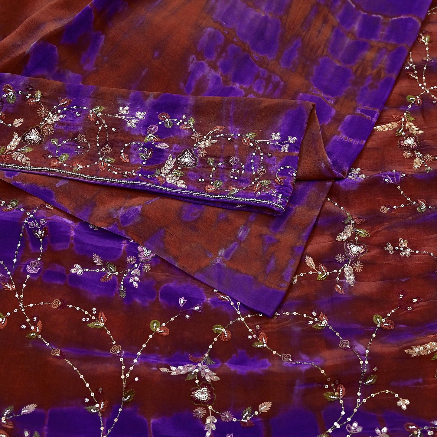 Indian Vintage Rusty & Purple Saree Pure Crepe Silk Hand Embroidered Tie-Dye Sari Fabric 5yard Craft Ethnic Zardozi