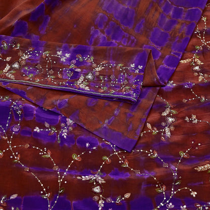 Indian Vintage Rusty & Purple Saree Pure Crepe Silk Hand Embroidered Tie-Dye Sari Fabric 5yard Craft Ethnic Zardozi