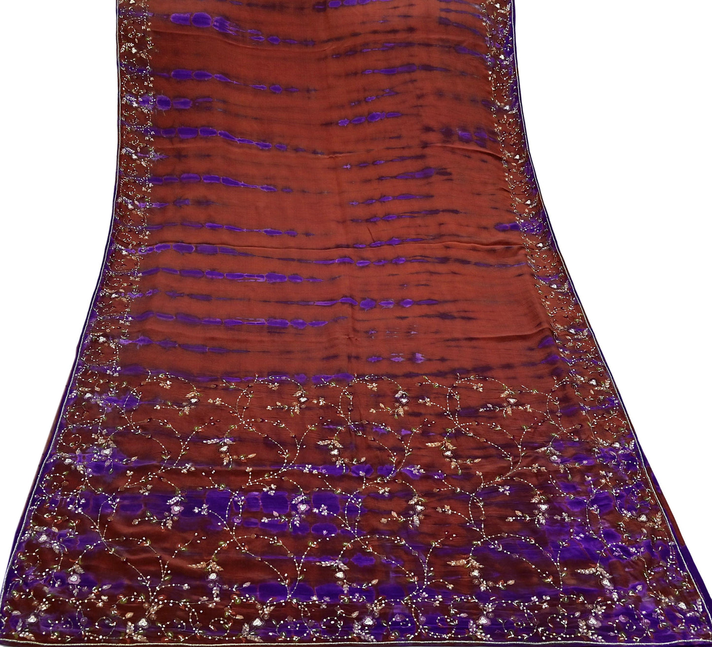 Indian Vintage Rusty & Purple Saree Pure Crepe Silk Hand Embroidered Tie-Dye Sari Fabric 5yard Craft Ethnic Zardozi