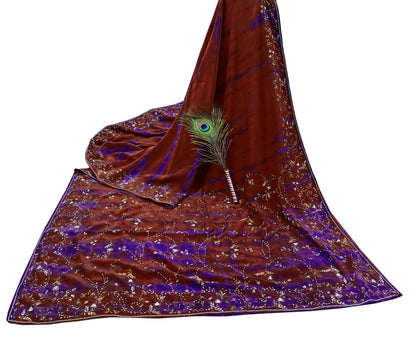 Indian Vintage Rusty & Purple Saree Pure Crepe Silk Hand Embroidered Tie-Dye Sari Fabric 5yard Craft Ethnic Zardozi