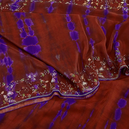 Indian Vintage Rusty & Purple Saree Pure Crepe Silk Hand Embroidered Tie-Dye Sari Fabric 5yard Craft Ethnic Zardozi
