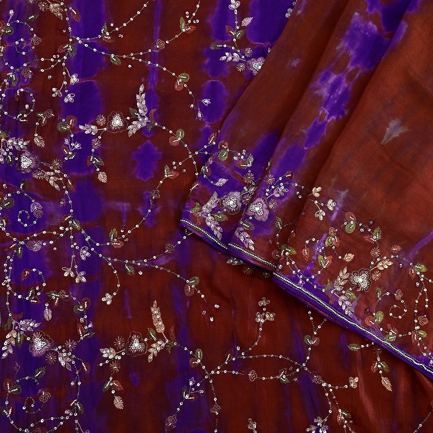 Indian Vintage Rusty & Purple Saree Pure Crepe Silk Hand Embroidered Tie-Dye Sari Fabric 5yard Craft Ethnic Zardozi