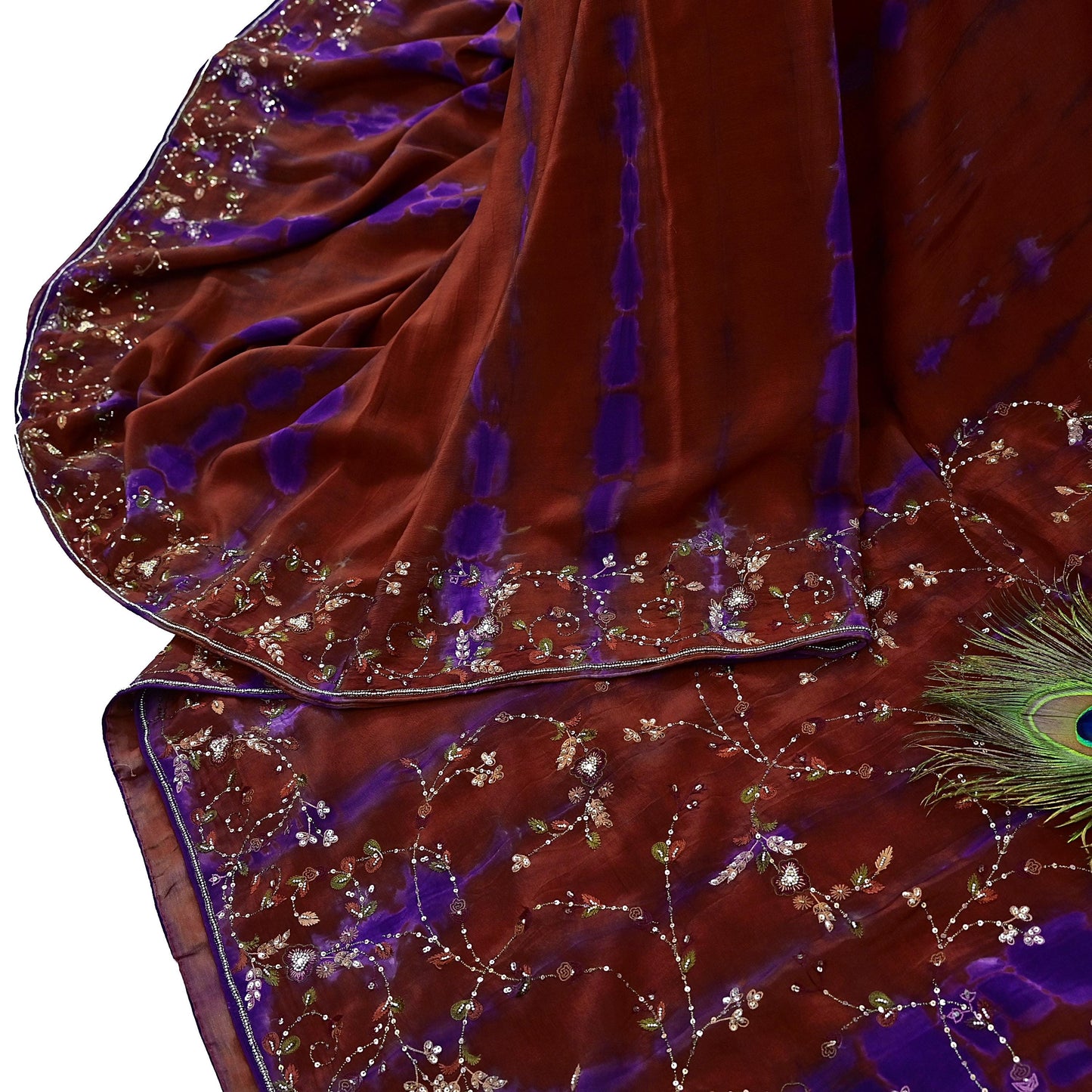 Indian Vintage Rusty & Purple Saree Pure Crepe Silk Hand Embroidered Tie-Dye Sari Fabric 5yard Craft Ethnic Zardozi