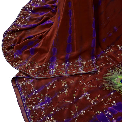 Indian Vintage Rusty & Purple Saree Pure Crepe Silk Hand Embroidered Tie-Dye Sari Fabric 5yard Craft Ethnic Zardozi