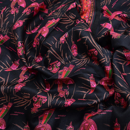 Indian Vintage Red & Black Pure Silk Printed Saree 6Yards Soft Floral Fabric for Dressmaking, Quilting, Crafting, Sewing, Dress Making