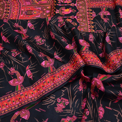 Indian Vintage Red & Black Pure Silk Printed Saree 6Yards Soft Floral Fabric for Dressmaking, Quilting, Crafting, Sewing, Dress Making