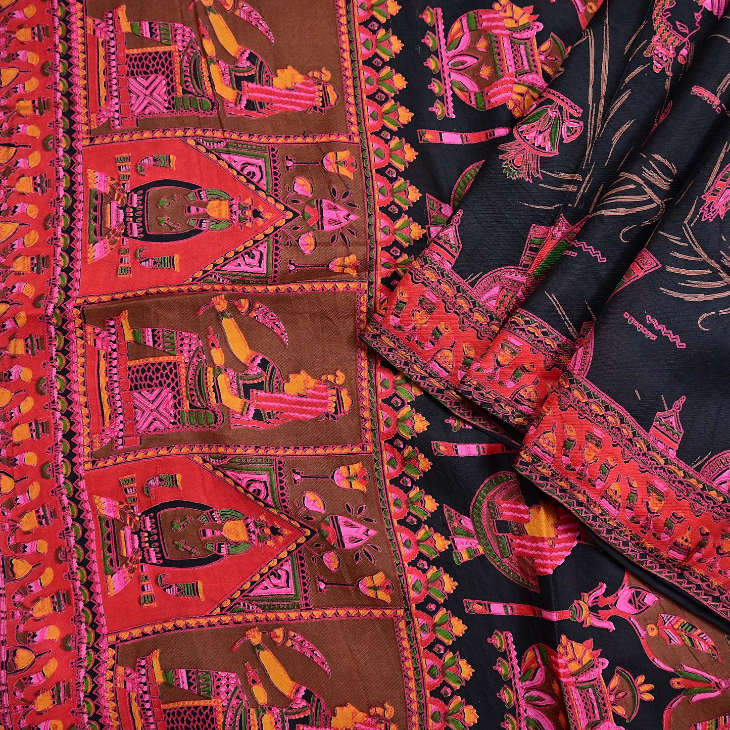 Indian Vintage Red & Black Pure Silk Printed Saree 6Yards Soft Floral Fabric for Dressmaking, Quilting, Crafting, Sewing, Dress Making