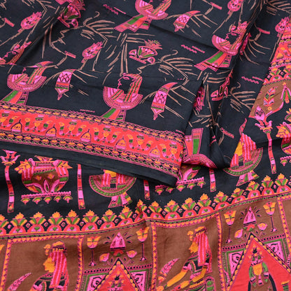 Indian Vintage Red & Black Pure Silk Printed Saree 6Yards Soft Floral Fabric for Dressmaking, Quilting, Crafting, Sewing, Dress Making