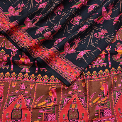 Indian Vintage Red & Black Pure Silk Printed Saree 6Yards Soft Floral Fabric for Dressmaking, Quilting, Crafting, Sewing, Dress Making