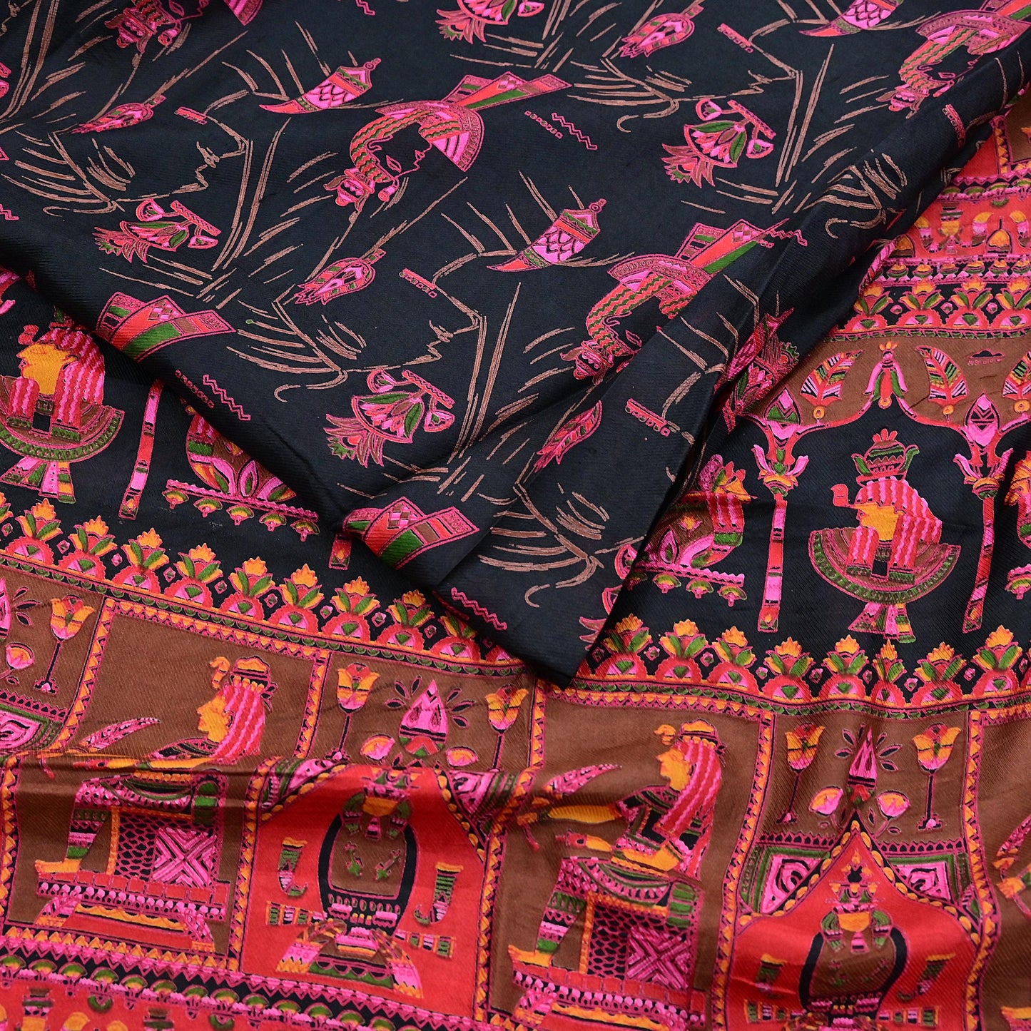 Indian Vintage Red & Black Pure Silk Printed Saree 6Yards Soft Floral Fabric for Dressmaking, Quilting, Crafting, Sewing, Dress Making