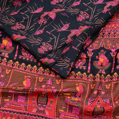 Indian Vintage Red & Black Pure Silk Printed Saree 6Yards Soft Floral Fabric for Dressmaking, Quilting, Crafting, Sewing, Dress Making