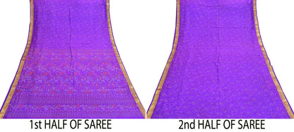 Indian Vintage Purple Saree 100% Pure Silk Printed Sari 6yard Sewing Craft Fabric DressMaking Soft Golden Zari