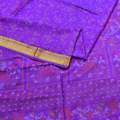 Indian Vintage Purple Saree 100% Pure Silk Printed Sari 6yard Sewing Craft Fabric DressMaking Soft Golden Zari