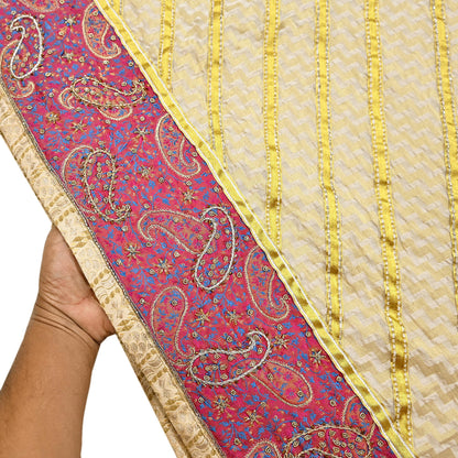 Indian Vintage Heavy Sarees Ivory Pure Cotton Hand Embrooidered Sari 5yd Ethnic Floral Craft Fabric Dress making Upcycle