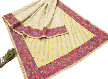 Indian Vintage Heavy Sarees Ivory Pure Cotton Hand Embrooidered Sari 5yd Ethnic Floral Craft Fabric Dress making Upcycle