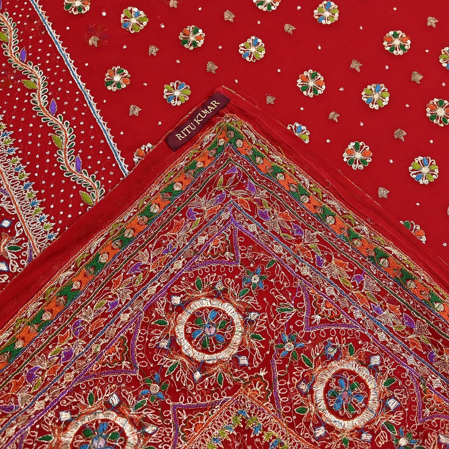 Indian Vintage Hot Red Saree Pure Georgette Silk Pre-owned Hand Beaded Ritu Kumar Designer Sari 5Yd Soft Ethnic Bollywood Party sarees