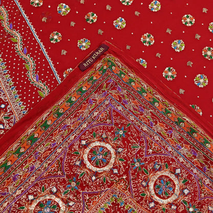 Indian Vintage Hot Red Saree Pure Georgette Silk Pre-owned Hand Beaded Ritu Kumar Designer Sari 5Yd Soft Ethnic Bollywood Party sarees