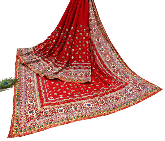 Indian Vintage Hot Red Saree Pure Georgette Silk Pre-owned Hand Beaded Ritu Kumar Designer Sari 5Yd Soft Ethnic Bollywood Party sarees