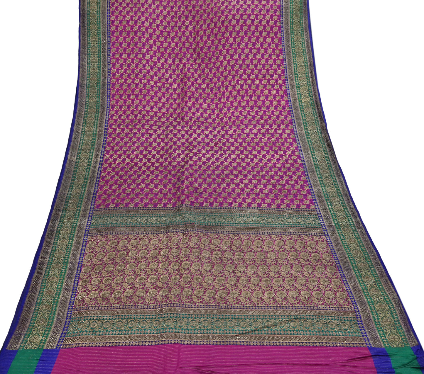 Indian Antique Vintage Heavy Wedding Sari Purple & Green Pure Satin Silk Hand Woven Banarasi Sarees Zari 5Yd Pre-owned Designing