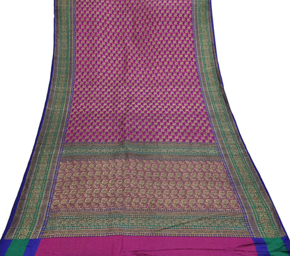 Indian Antique Vintage Heavy Wedding Sari Purple & Green Pure Satin Silk Hand Woven Banarasi Sarees Zari 5Yd Pre-owned Designing