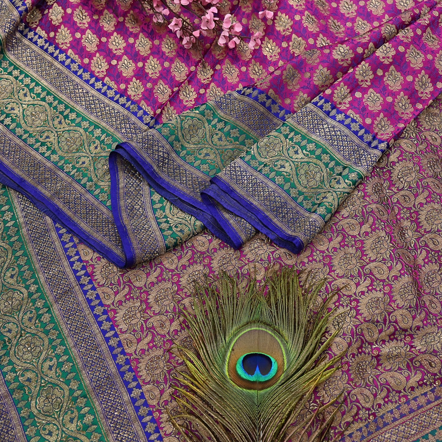 Indian Antique Vintage Heavy Wedding Sari Purple & Green Pure Satin Silk Hand Woven Banarasi Sarees Zari 5Yd Pre-owned Designing