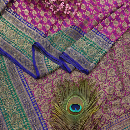 Indian Antique Vintage Heavy Wedding Sari Purple & Green Pure Satin Silk Hand Woven Banarasi Sarees Zari 5Yd Pre-owned Designing