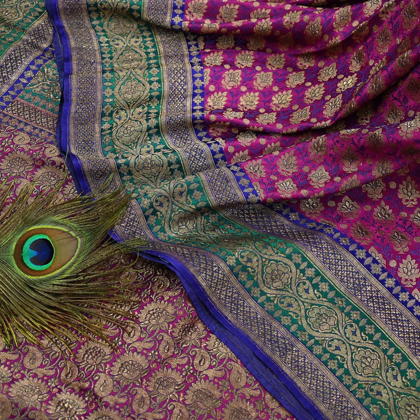 Indian Antique Vintage Heavy Wedding Sari Purple & Green Pure Satin Silk Hand Woven Banarasi Sarees Zari 5Yd Pre-owned Designing