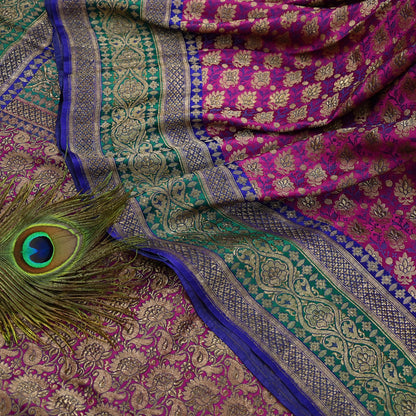 Indian Antique Vintage Heavy Wedding Sari Purple & Green Pure Satin Silk Hand Woven Banarasi Sarees Zari 5Yd Pre-owned Designing