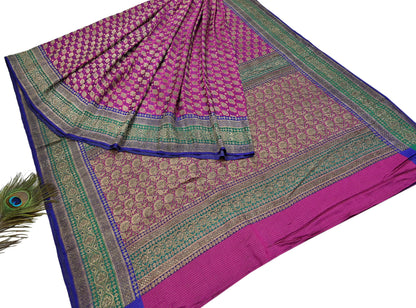 Indian Antique Vintage Heavy Wedding Sari Purple & Green Pure Satin Silk Hand Woven Banarasi Sarees Zari 5Yd Pre-owned Designing