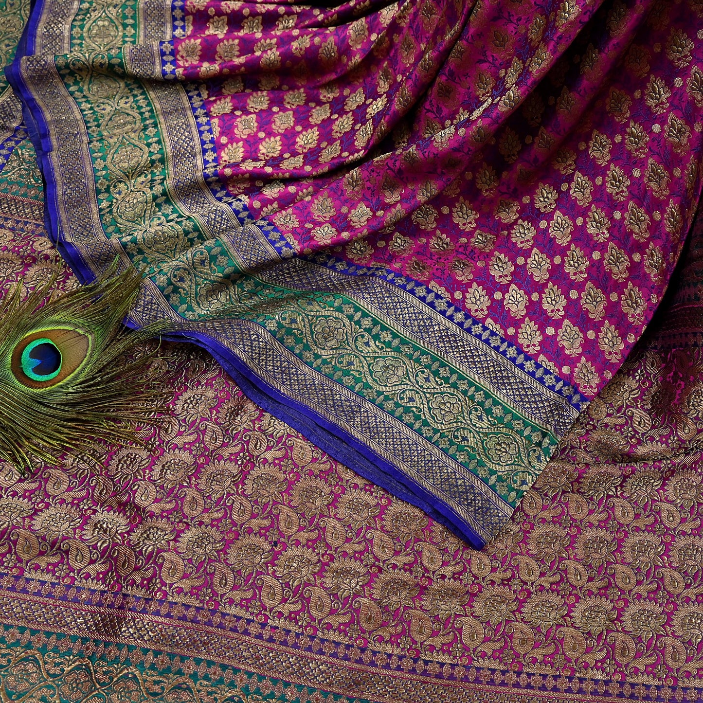 Indian Antique Vintage Heavy Wedding Sari Purple & Green Pure Satin Silk Hand Woven Banarasi Sarees Zari 5Yd Pre-owned Designing