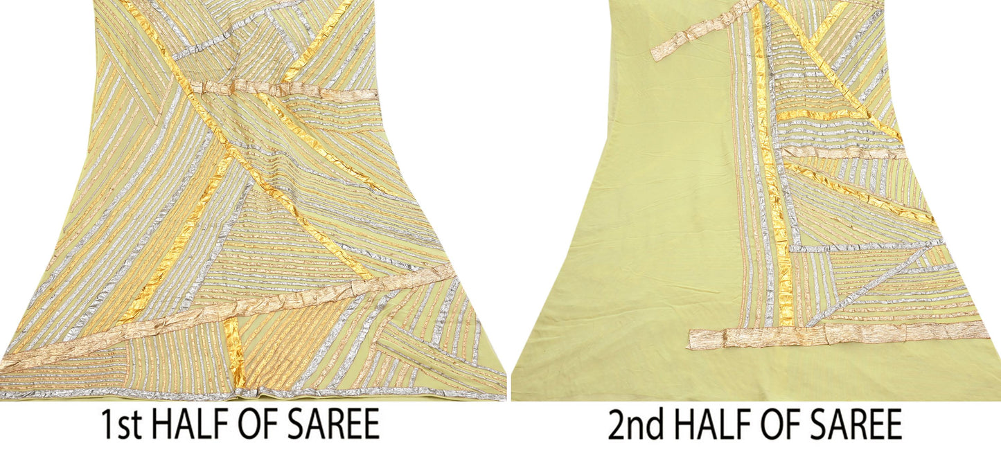 Indian Pre-owned Heavy Sari Sage Green Pure Georgette Silk Hand Embroidered gota patti Sarees Designer Abu Jani 6Yd Sewing Ethnic Sarees