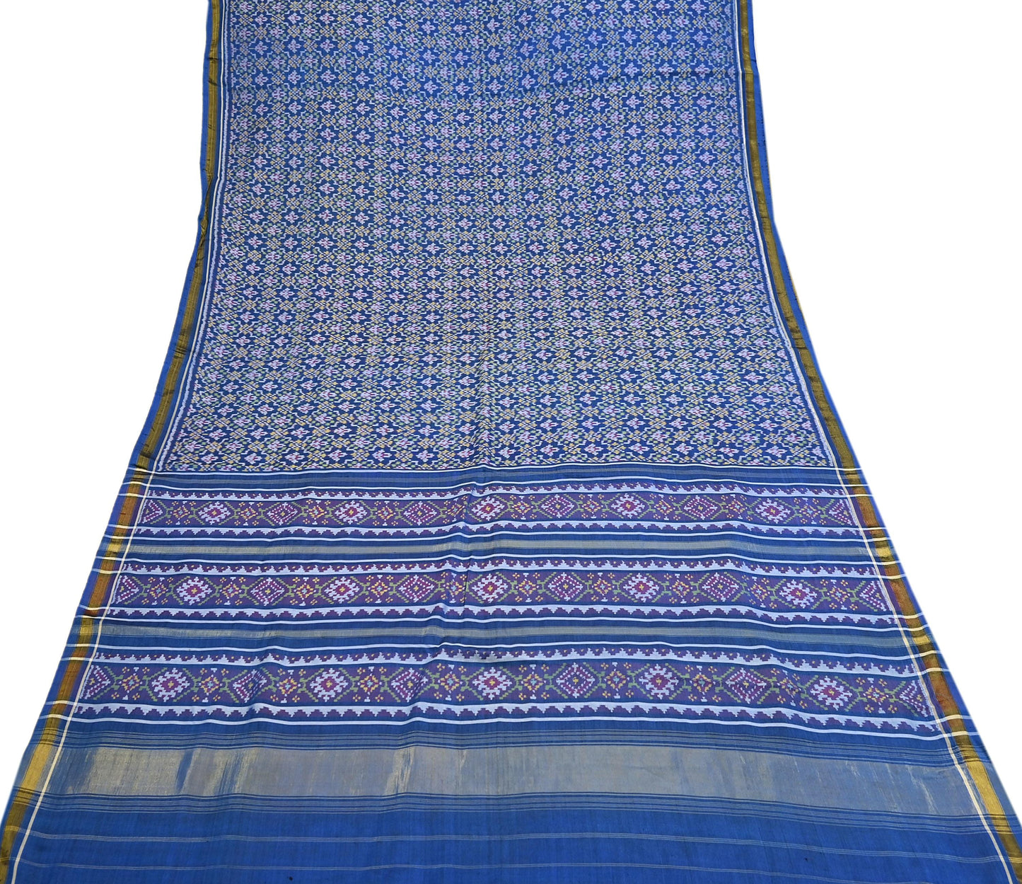 Indian Vintage Blue Single Ikat Sambalpuri Patola Saree  100% Pure Silk Handwoven 5 Yards Zari Border Craft Fabric