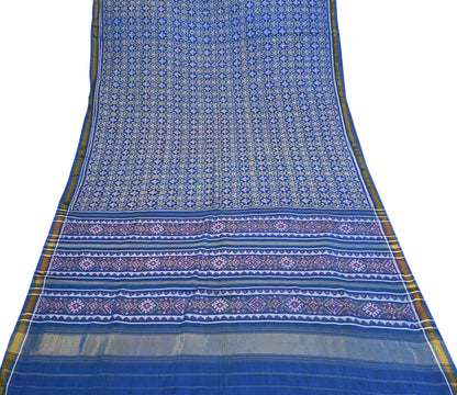 Indian Vintage Blue Single Ikat Sambalpuri Patola Saree  100% Pure Silk Handwoven 5 Yards Zari Border Craft Fabric