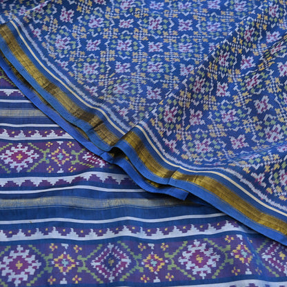 Indian Vintage Blue Single Ikat Sambalpuri Patola Saree  100% Pure Silk Handwoven 5 Yards Zari Border Craft Fabric