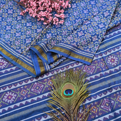 Indian Vintage Blue Single Ikat Sambalpuri Patola Saree  100% Pure Silk Handwoven 5 Yards Zari Border Craft Fabric