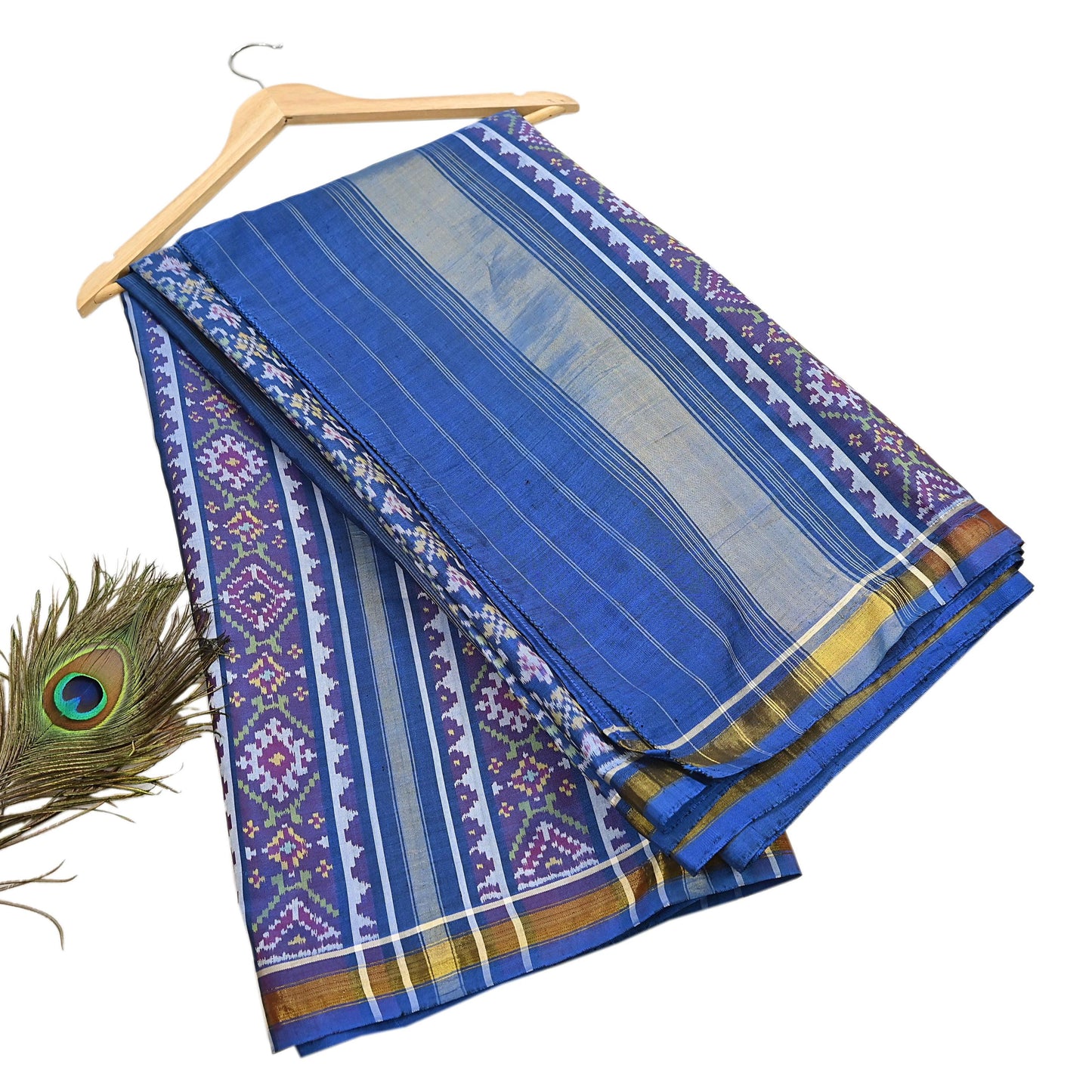 Indian Vintage Blue Single Ikat Sambalpuri Patola Saree  100% Pure Silk Handwoven 5 Yards Zari Border Craft Fabric
